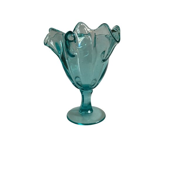Hand Blown Pinched Aqua  Glass Pedistal Dish - Picture 1 of 5